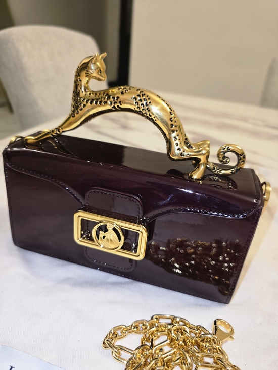 Lanvin Handbags - Lanvin Patent Mini Bag in Deep Plum with Gold Cat Handle